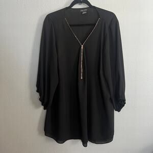 City Chic Sexy Fling Elbow Sleeve Blouse Top Black V-Neck Half Zip Sz 2XL / 24